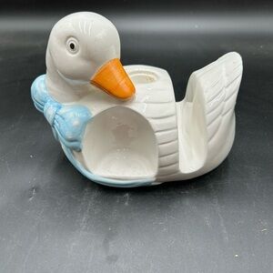 Ceramic mother goose or Duck napkin holder with Blue Bow